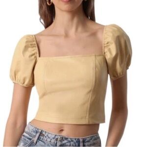 7 FOR ALL MANKIND Short Puff Sleeve Cream Faux Leather Cropped Top--NWT--L